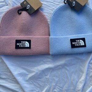 The North Face Pink and Blue Beanie Set